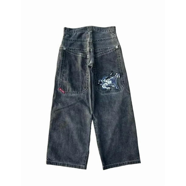 Pantalones vaqueros unisex estilo hip-hop gótico urbano de talle alto y corte holgado con diseños rasgados y bordados for hombre y mujer