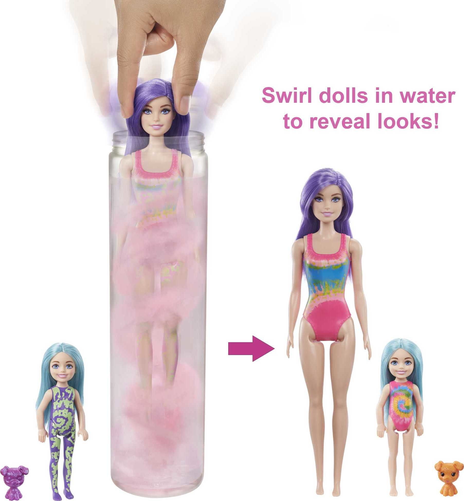  Barbie Color Reveal Set, Tie-Dye Fashion Maker, Color Reveal  Barbie Doll, Chelsea Doll and Pet, Tie-Dye Tools and Dye-able Fashions :  Toys & Games