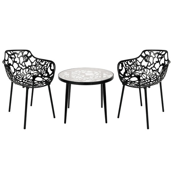 LeisureMod Devon Mid-Century Modern 3-Piece Aluminum Outdoor Patio Dining Set with Dining Table with Tempered Glass Top and 2 Stackable Flower Design Arm Chairs for Patio, and Backyard Garden Black
