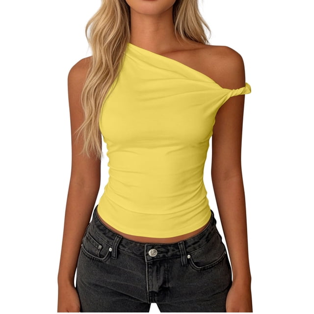 Fewfanhot Womens Spring Tops One Shoulder Ruched Crop Tank Tops Casual Off The Shoulder Summer Tanks Tops Going Out Crop Shirts