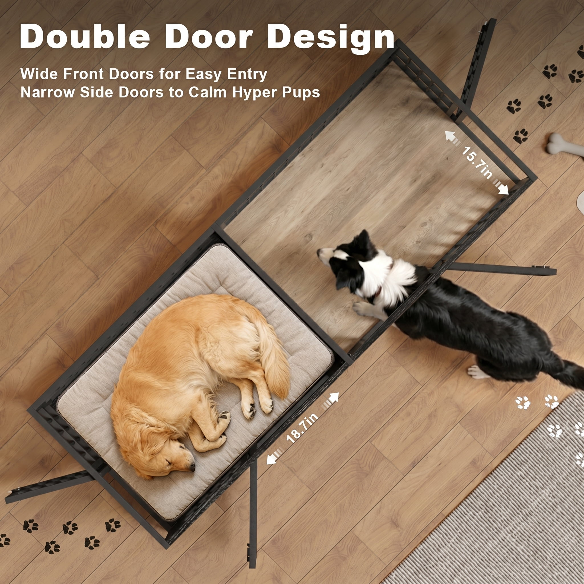 Ironovahome 78" Dog Crate Furniture for 2 Large Dogs with Sturdy Removable Divider and Double Doors, XXL Extra Large Indoor Dog Kennel, Thick Heavy Duty Wooden Dog Cage, Ivory