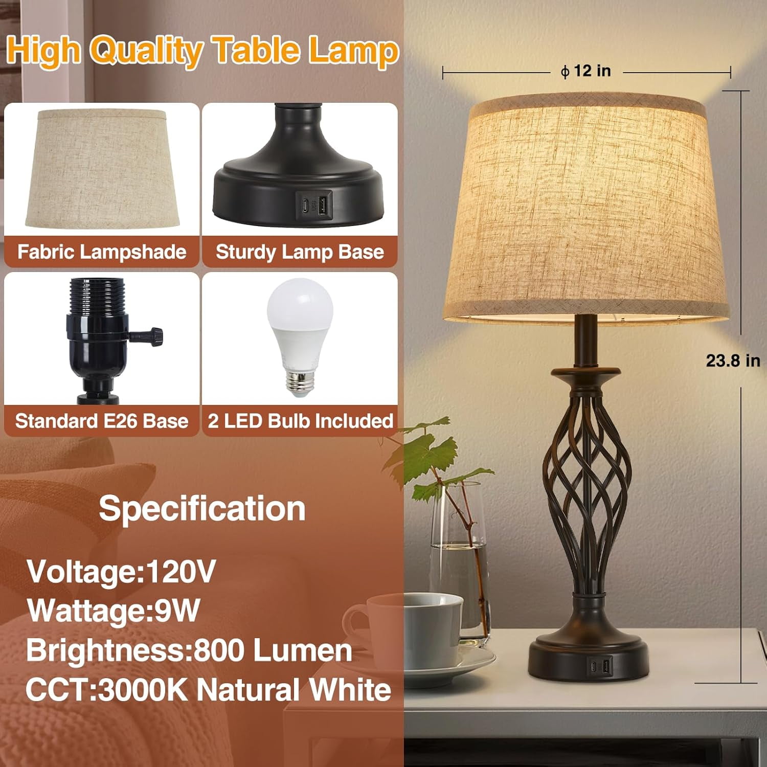 NATYSWAN Table Lamps Set of 2 with USB C+A Ports, Modern Bedside Lamps with Spiral Cage Base, Fabric Shade, Nightstand Lamp for Living Room Bedroom