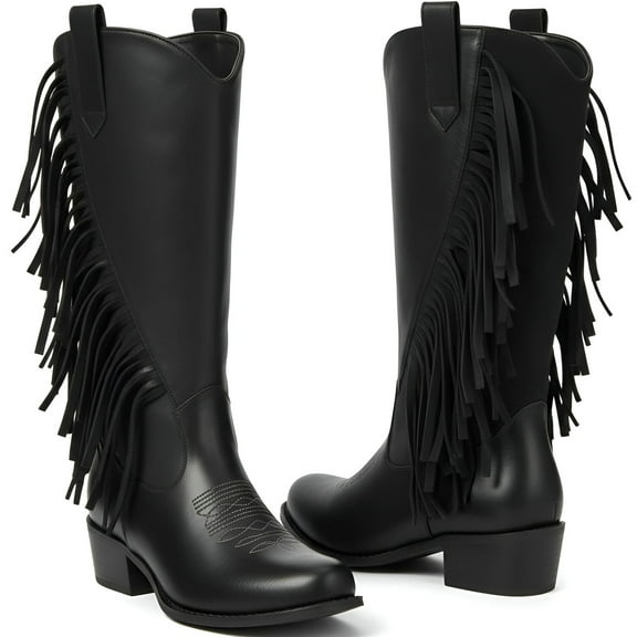 Ecetana Womens Cowboy Boots Chunky Heel Wide Calf Booties Tassel Western Boots for Women