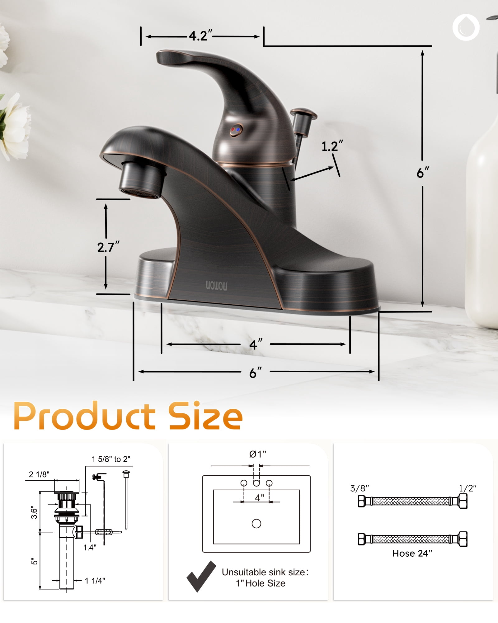 Wowow Bathroom Faucet Single Handle Oil Rubbed Bronze Centerset Bathroom Sink Faucet with Lift Rod Drain Assembly, Rv Lavatory Taps 3 Hole