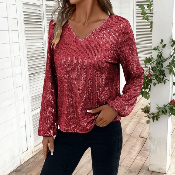 UQJfacai Sequin Tops for Women V Neck Lantern Long Sleeve Shirts Dressy Sparkly Blouse Glitter Evening Party Concert Outfits