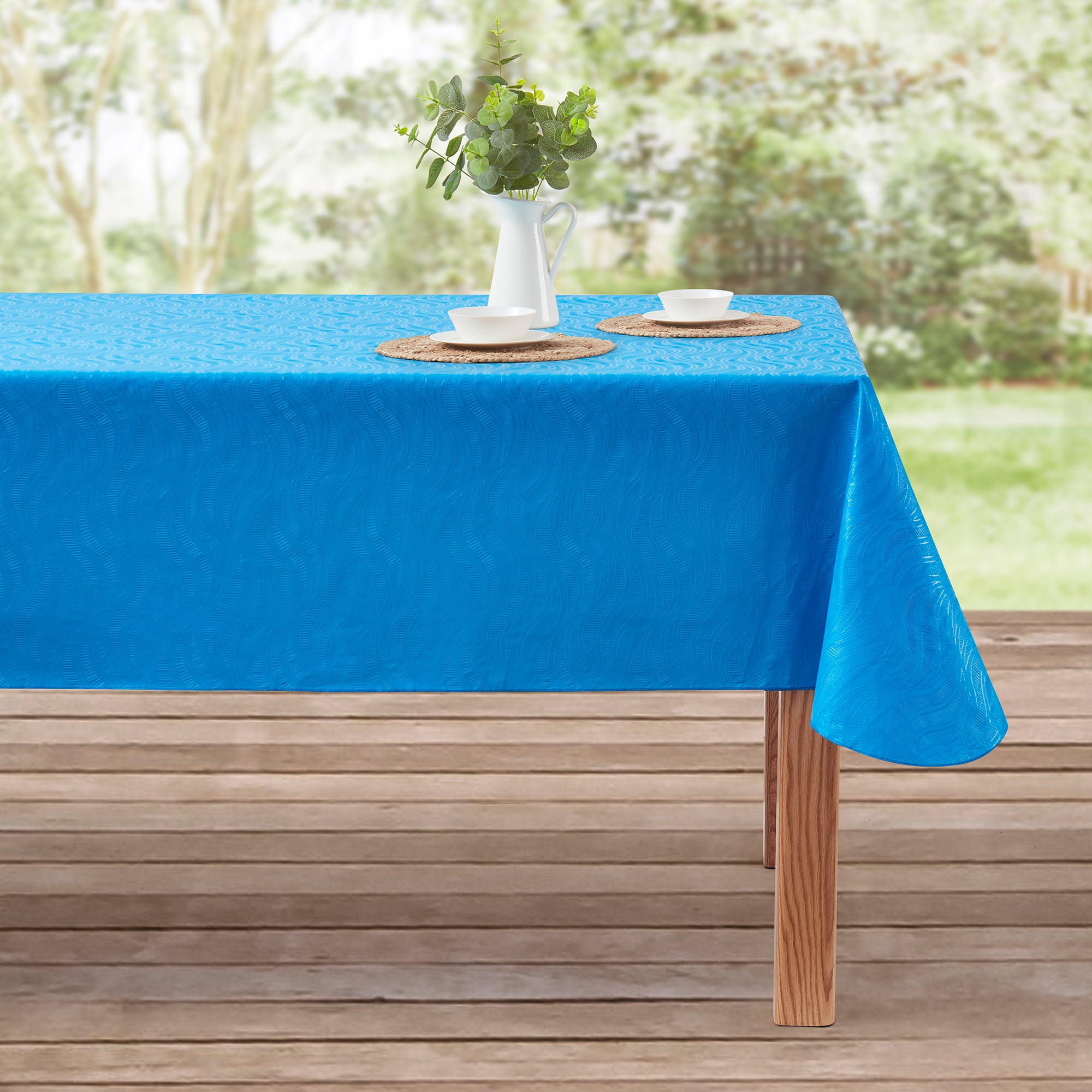 Mainstays Summer Fun Tablecloth, Indoor & Outdoor Table Decoration 60" x 84" - Leaf Embossed Blue