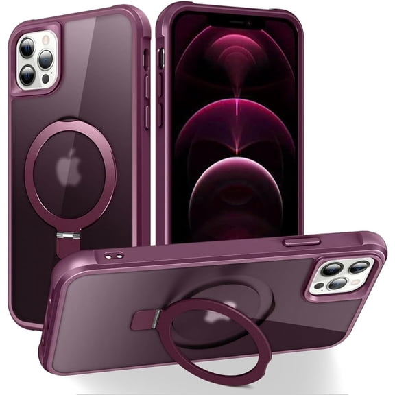 for iPhone 12 Case & iPhone 12 Pro Case with Magnetic O-Ring Stand Translucent Case for iPhone 12 & 12 Pro 6.1" [Compatible with MagSafe], Wine Red