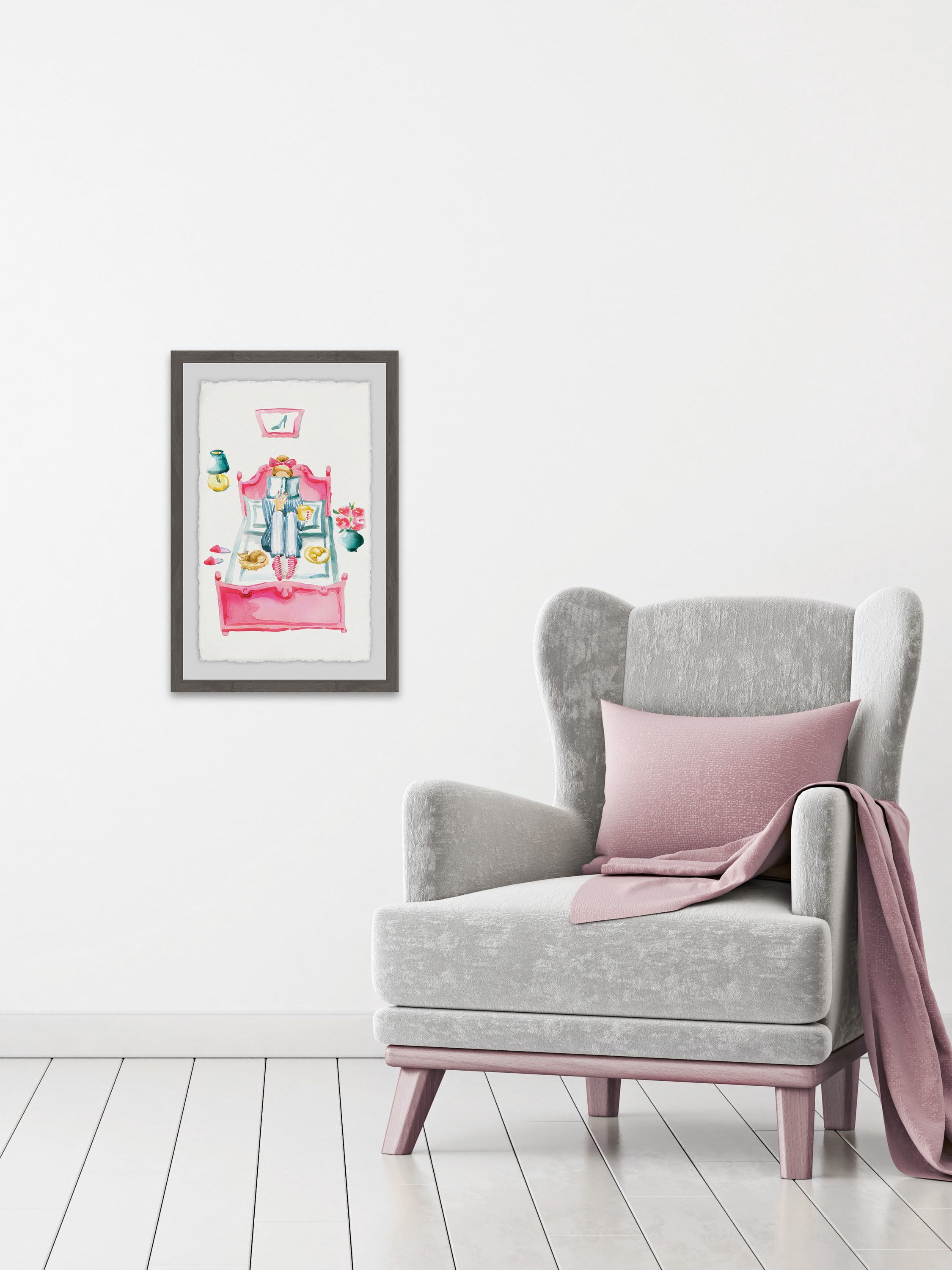 Pink Bed Reading Framed Painting Print