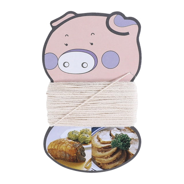 hilo de cocina tejido de 20 m, cuerda para cocinar carne, hilo de panadería, hilo para envasar carne Multicolor spool en forma de cerdo, vista frontal con cordel blanco crudo trenzado enrollado y hebra suelta visible; etiqueta con fotos de asados. Longitud 20 m, para atar salchichas, envolver carnes y usos de manualidades o envoltura de regalos.
