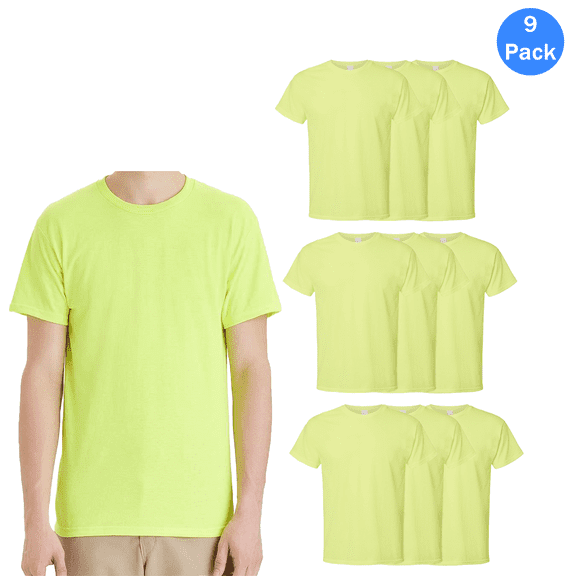 Hanes Men's High Visibility Safety T-Shirt, Hi Vis Workwear Crewneck Safety Green Tee 9 Pack, Size S