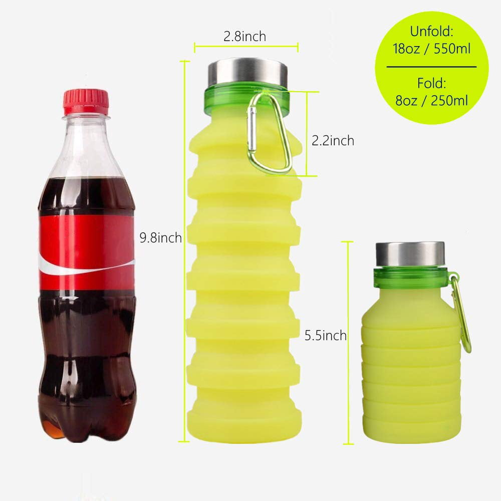 CNKOO Collapsible Water Bottle, Reuseable BPA Free Silicone Foldable Water Bottles for Travel Gym Camping Hiking, Portable Leak Proof Sports Water Bottle with Carabiner, 18oz Green