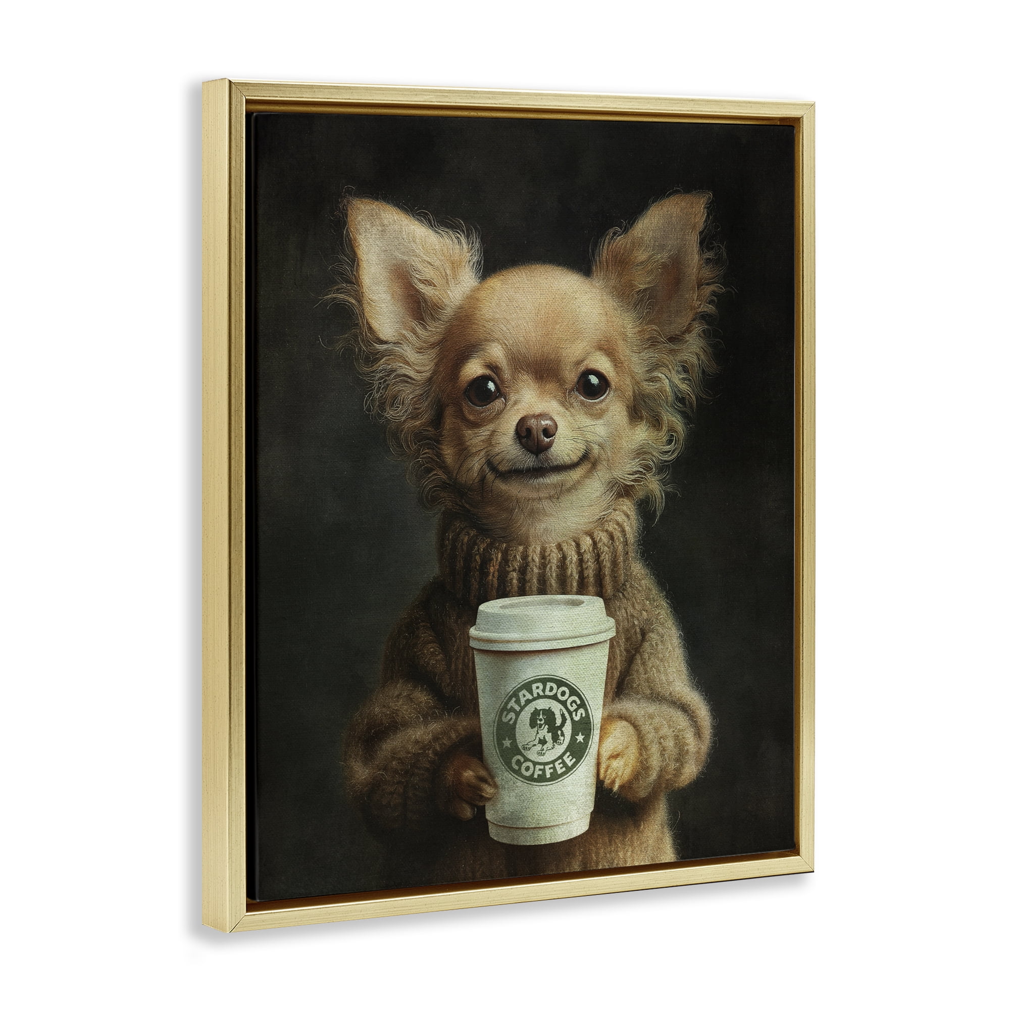 Stupell Industries Espresso Pup in Cozy Sweater Gold Framed Floater Canvas Wall Art, design by Svetlana Aleynikova