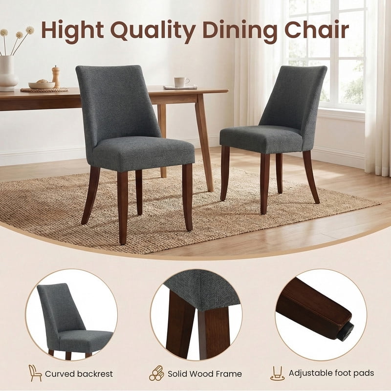 COLAMY Upholstered Dining Chairs Set of 2, Mid Century Modern Fabric Kitchen Chairs with 19.88" Seat Height and Wood Legs, Comfy Side Chairs, Dark Grey