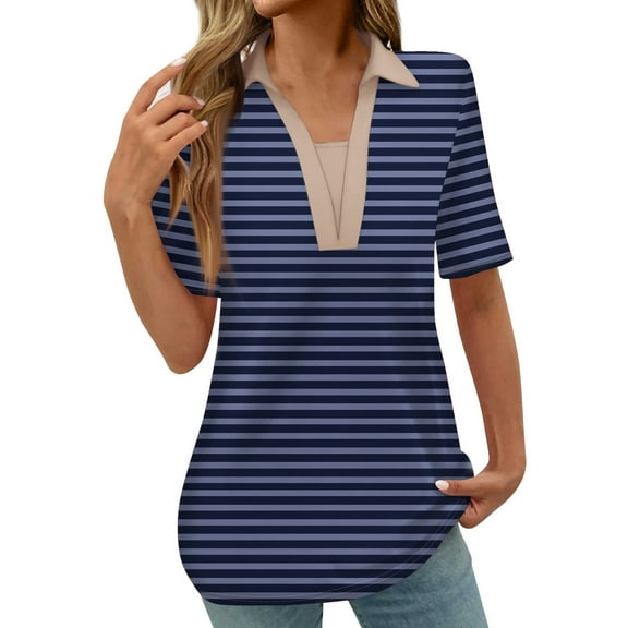 Scyoekwg Womens Summer Tops Trendy Turndown Tunic Tshirts Lightweight Comfy Striped Printed Graphic Tee Short Sleeve T Shirts Loose Casual Blouses (Dark Blue,XL)