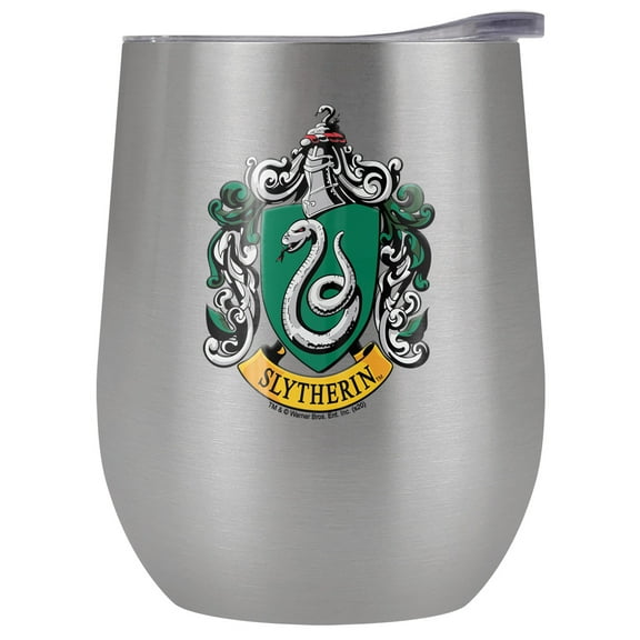 Harry Potter Official Slytherin Crest 12 oz Stemless Tumbler, Stainless Steel Travel Cup|Lake Tumbler|Insulated with Leak Resistant Slide-Lock Lid, Stainless Steel