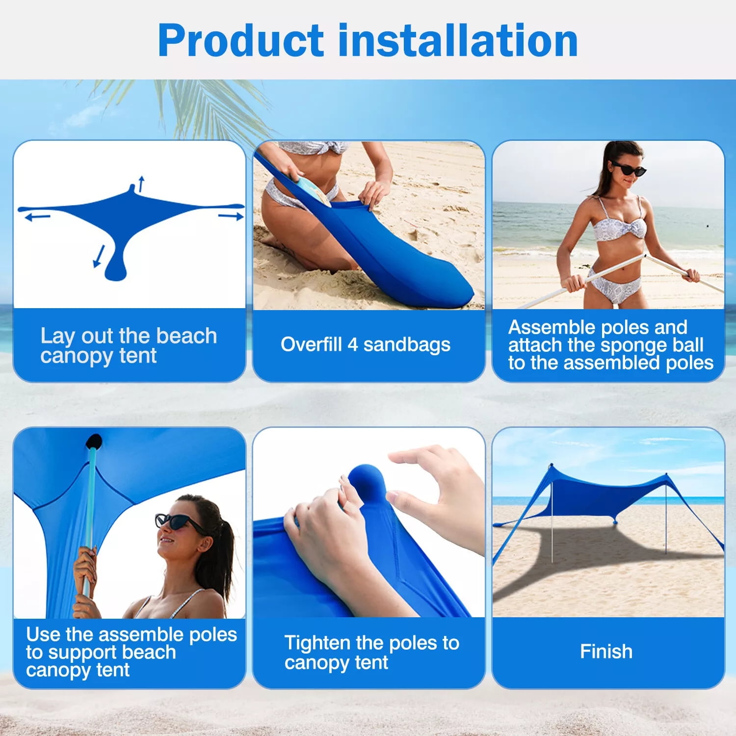 2-Pole Beach Canopy Tent with UPF 50+ UV Protection, Sandbags & Accessories - Large Sun Shade for Camping, Fishing, Backyard & Picnic