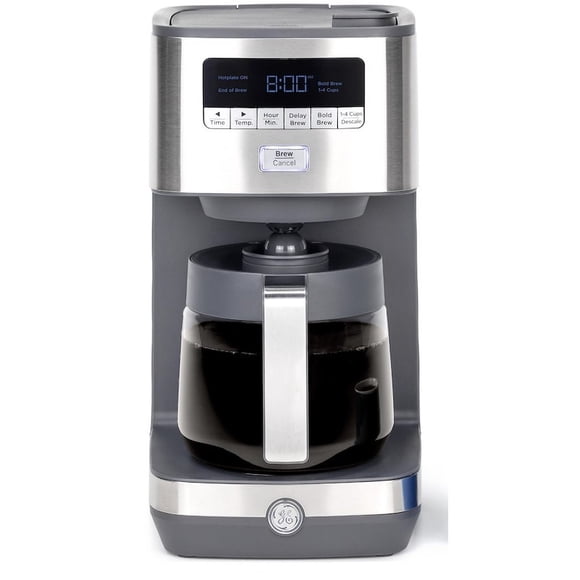 GE Drip Coffee Maker With Timer | 12-Cup Glass Carafe Coffee Pot With Adjustable Keep Warm Plate | Wide Shower Head for Maximum Flavor | Kitchen Essentials | Stainless Steel