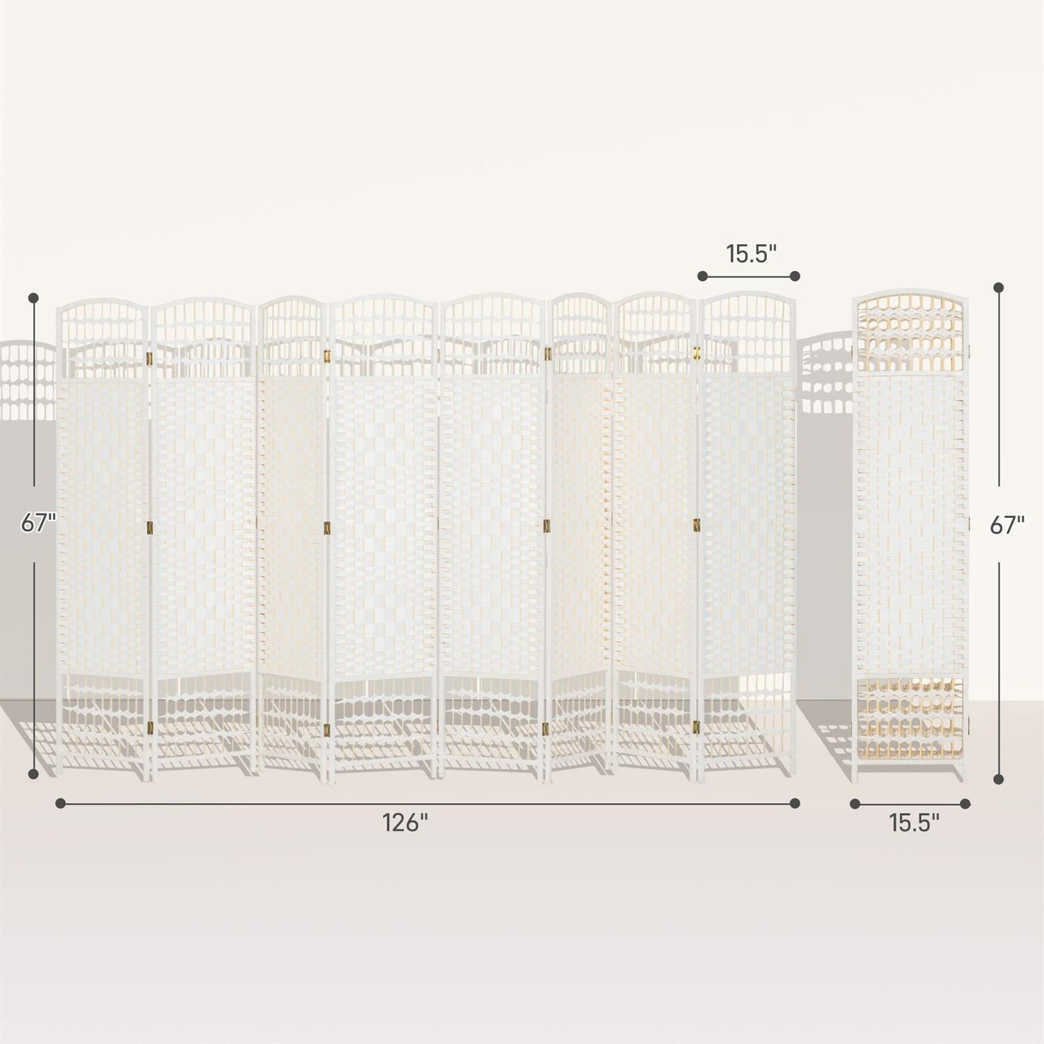 Demi Bonn 8-Panel Foldable Room Divider Screen Privacy Panel Wave Fiber Design, 67" Portable Partition for Home Office Space, White