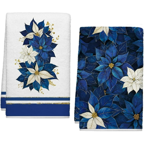 Christmas Navy Blue Poinsettia Kitchen Towels Winter Floral Towels Set of 2, Xmas Seasonal 18 x 26 Inch Hand Towel Quick Drying Dishcloth Decor for Kitchen Bathroom Home
