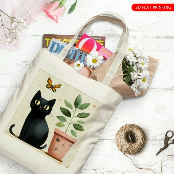 RKSupls Cute Animal Canvas Tote Bag, Black Cat Pattern Reusable Shoulder Tote Bag for Women and Men, Large Durable Canvas Shoulder Bag Perfect for Grocery Work Beach Shopping
