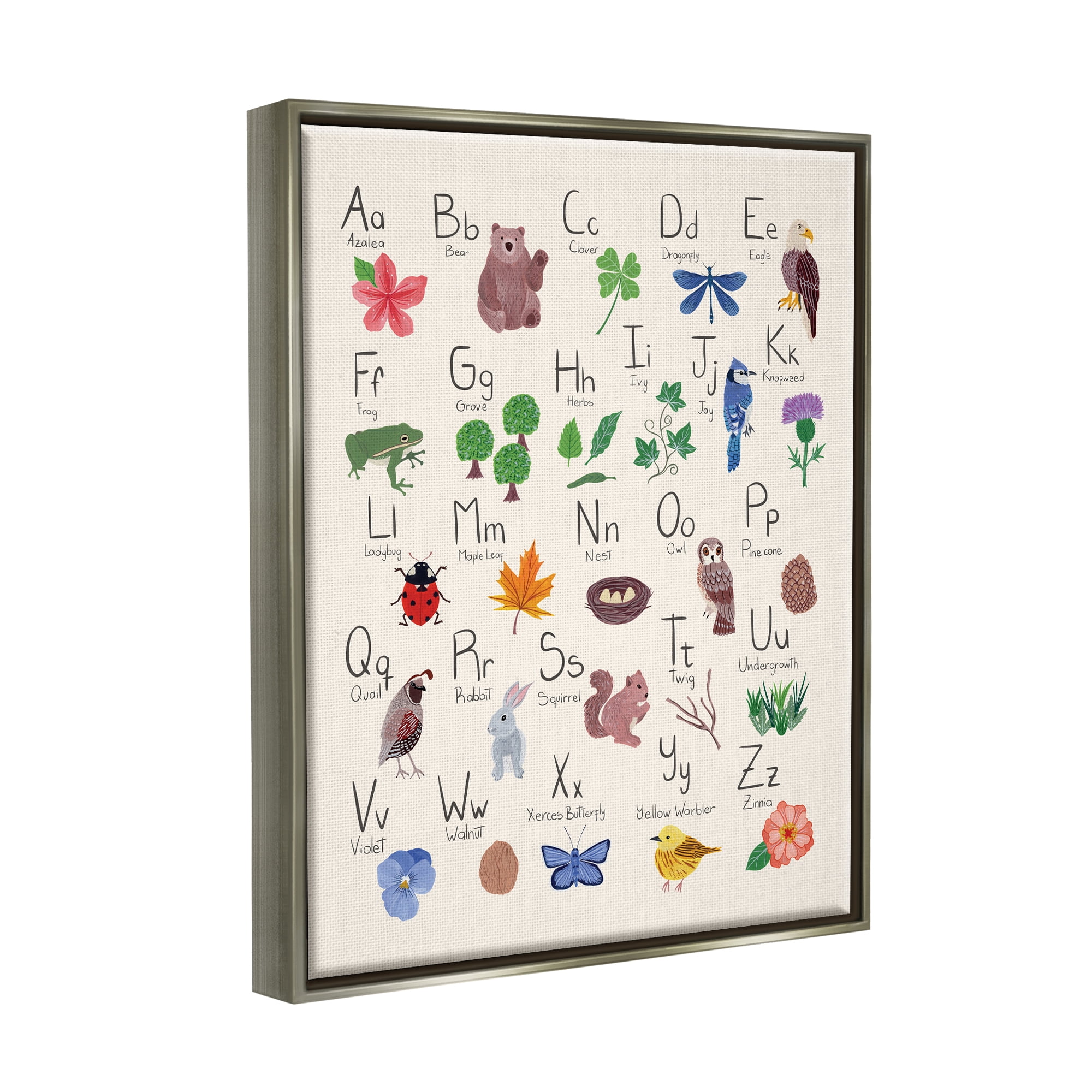Stupell Industries Animal Alphabet on Beige Landscape Painting Gray Floater Framed Canvas Art Print Wall Art, 17 x 21