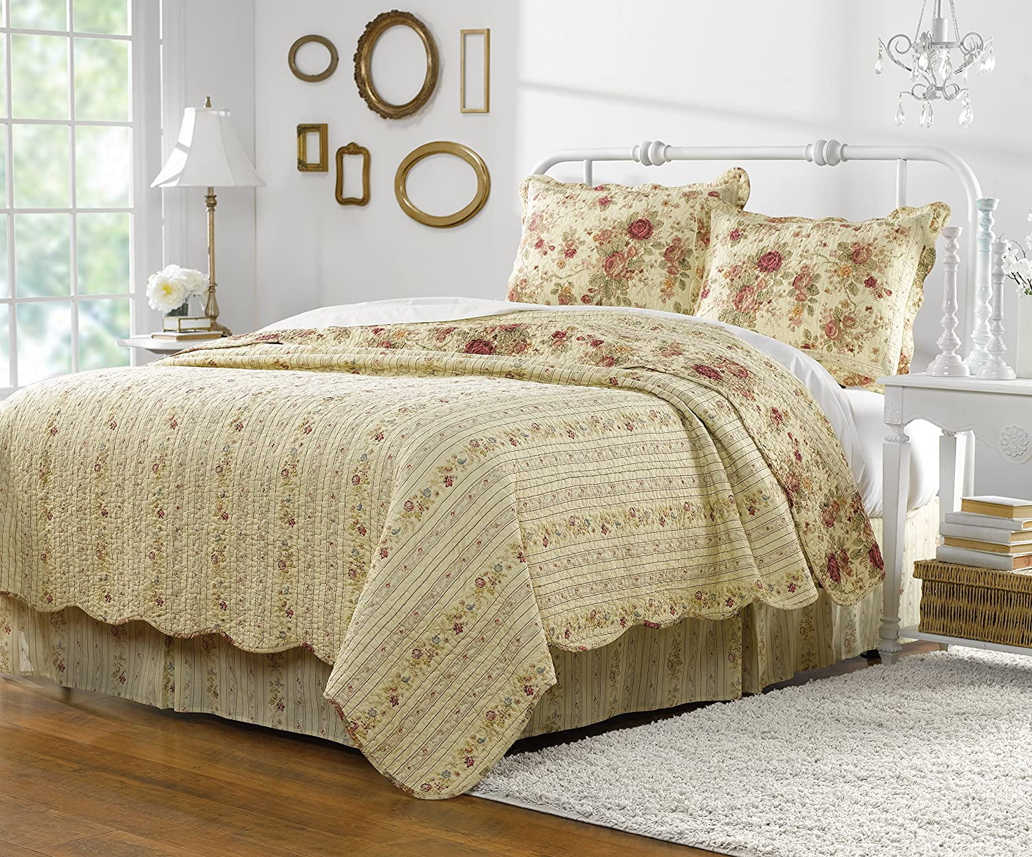 Greenland Home Fashions Antique Rose 100% Cotton Reversible Quilt Set With Decorative Pillows, 4-Piece Twin/Twin-XL, Ecru