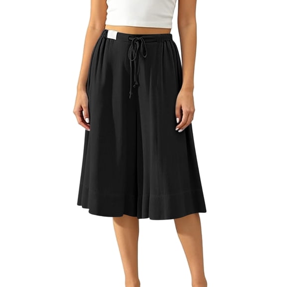 QSAWXQZ Women's Cotton Linen Style Capri Wide Leg Culottes High Elastic Waist Drawstring Solid Soft Casual Trousers with Pockets for Summer Wear 2XL