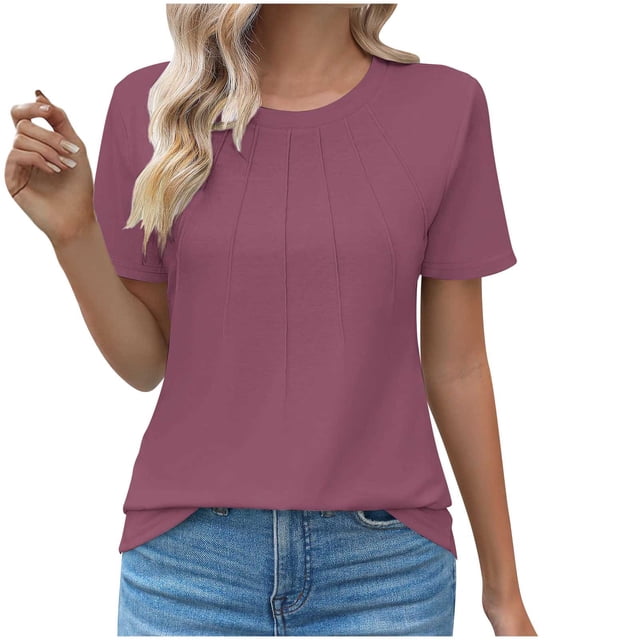 Timegard Hauts d'Été pour Femmes Col Rond Manches Courtes Tunique Plissée Confortable 2024 T-Shirt Chic Décontracté