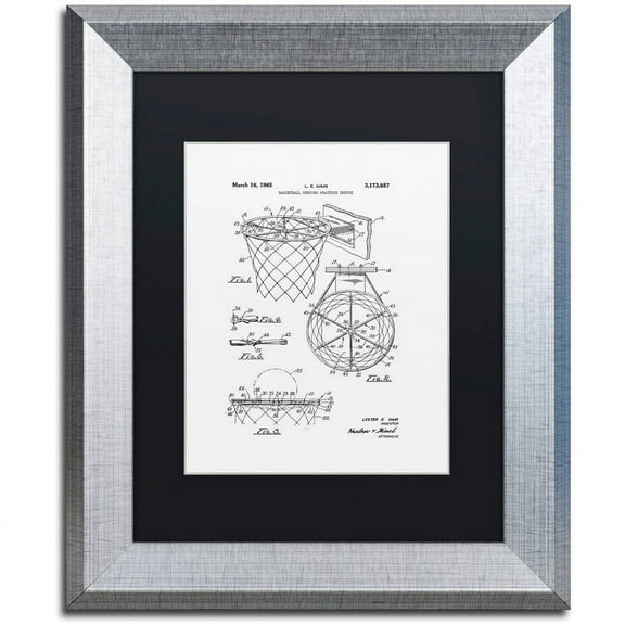 Trademark Fine Art "Basketball Hoop Patent 1965 White" Canvas Art by Claire Doherty, Black Matte, Silver Frame