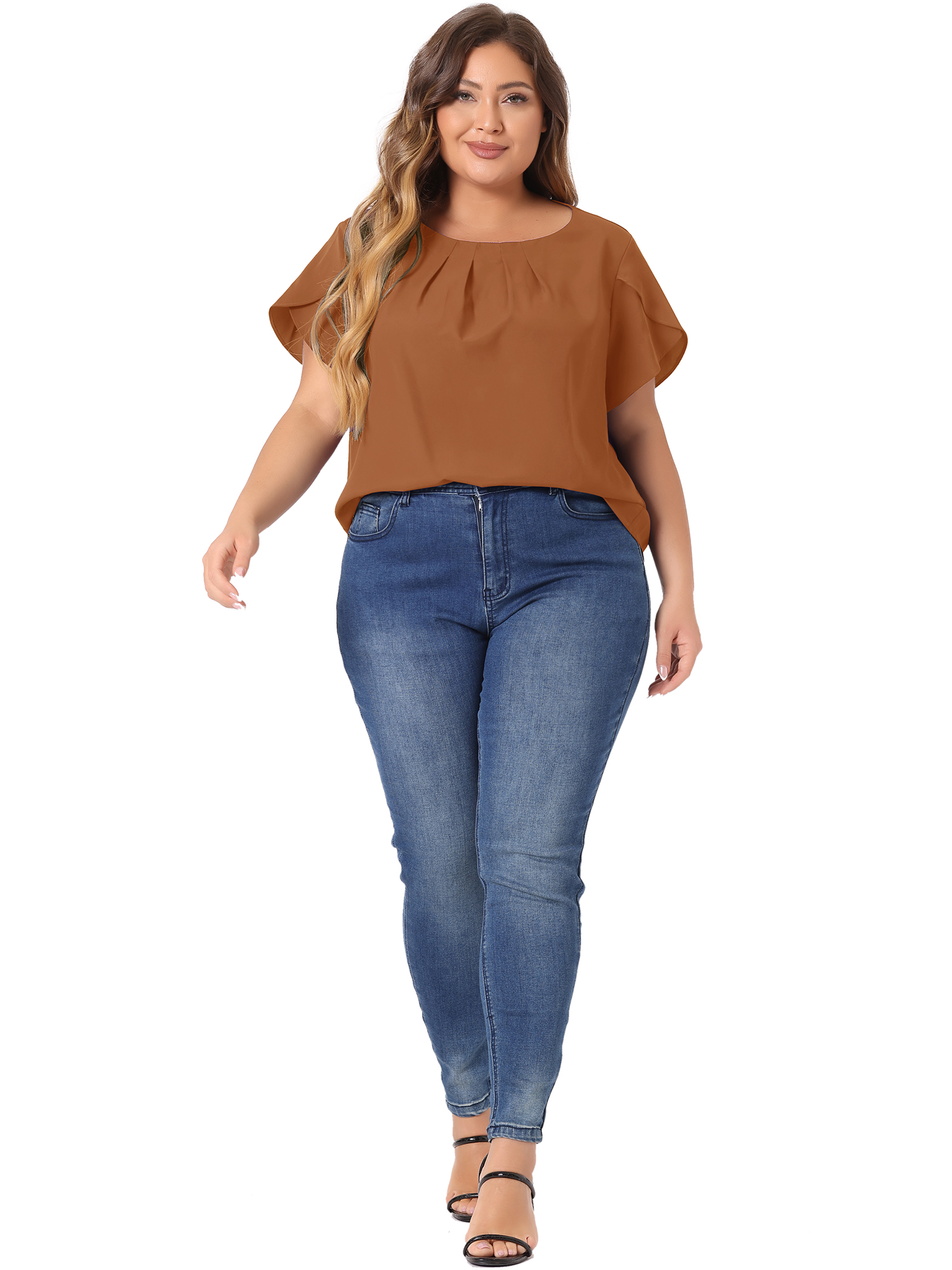 DARING DIVA Women's Plus Size Round Neck Pleated Tulip Sleeve Shirt Blouse 3X Brown