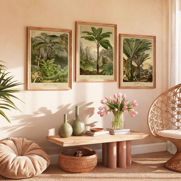 Botanical Palm Tree Print Vintage Tropical Wall Art Set 3 Unframed Paper Print 8x12