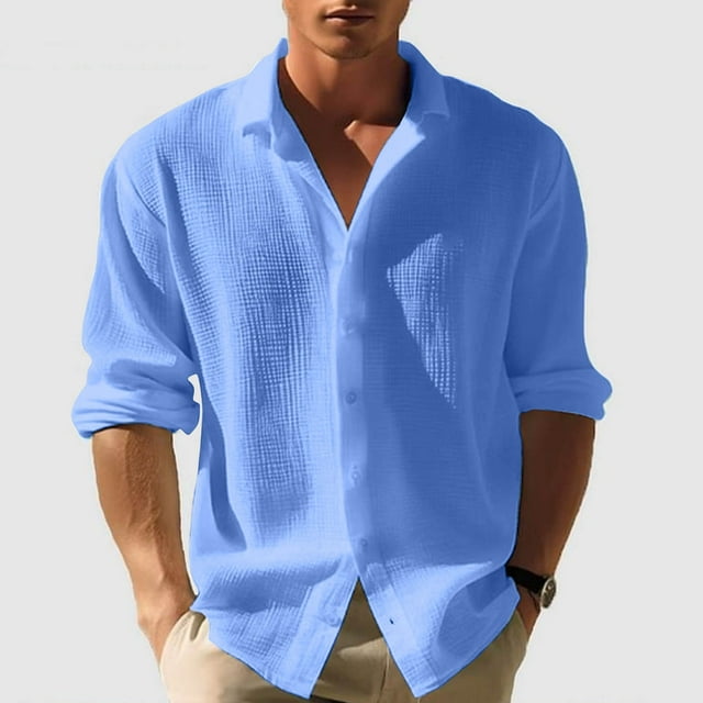 Blusa y camisa de manga larga con cuello vuelto para hombre, blusa holgada con botones y botones, color liso, tipo cárdigan, blusa de manga larga con cuello vuelto, blusa de poliéster para hombre