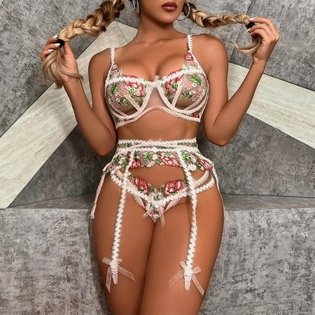 

MaFYtyTPR Womens Briefs Underwear on Clearance Women Exquisite Mesh Embroidery Lingerie Bra+Garter+Briefs Set Babydoll Cut-Out Sleepwear