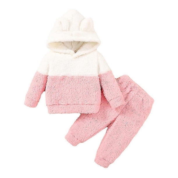 0-2 Years Newborn Baby Girl Fluff Hooded Clothes Set Long Sleeve Hoodie Top + Pant Autumn And Winter Warm Daily 2pcs Outfit 26-27s