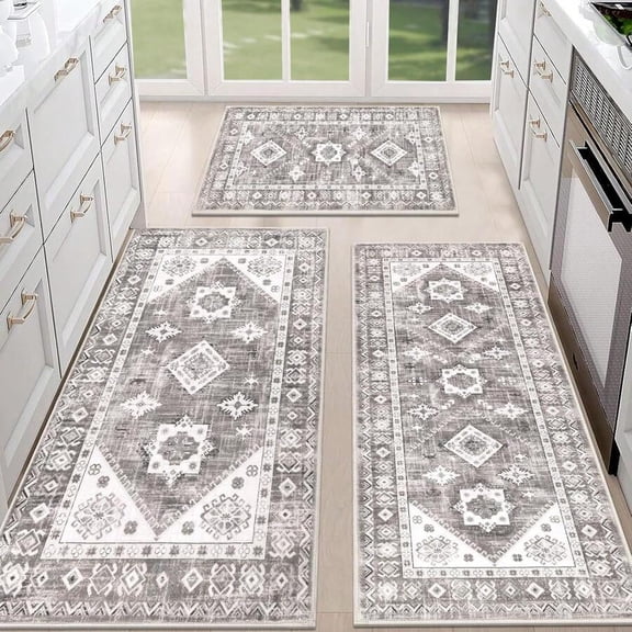 Taupe Brown Bohemian Kitchen Rug Set 3-Piece Non-Slip Runner & Mats Washable