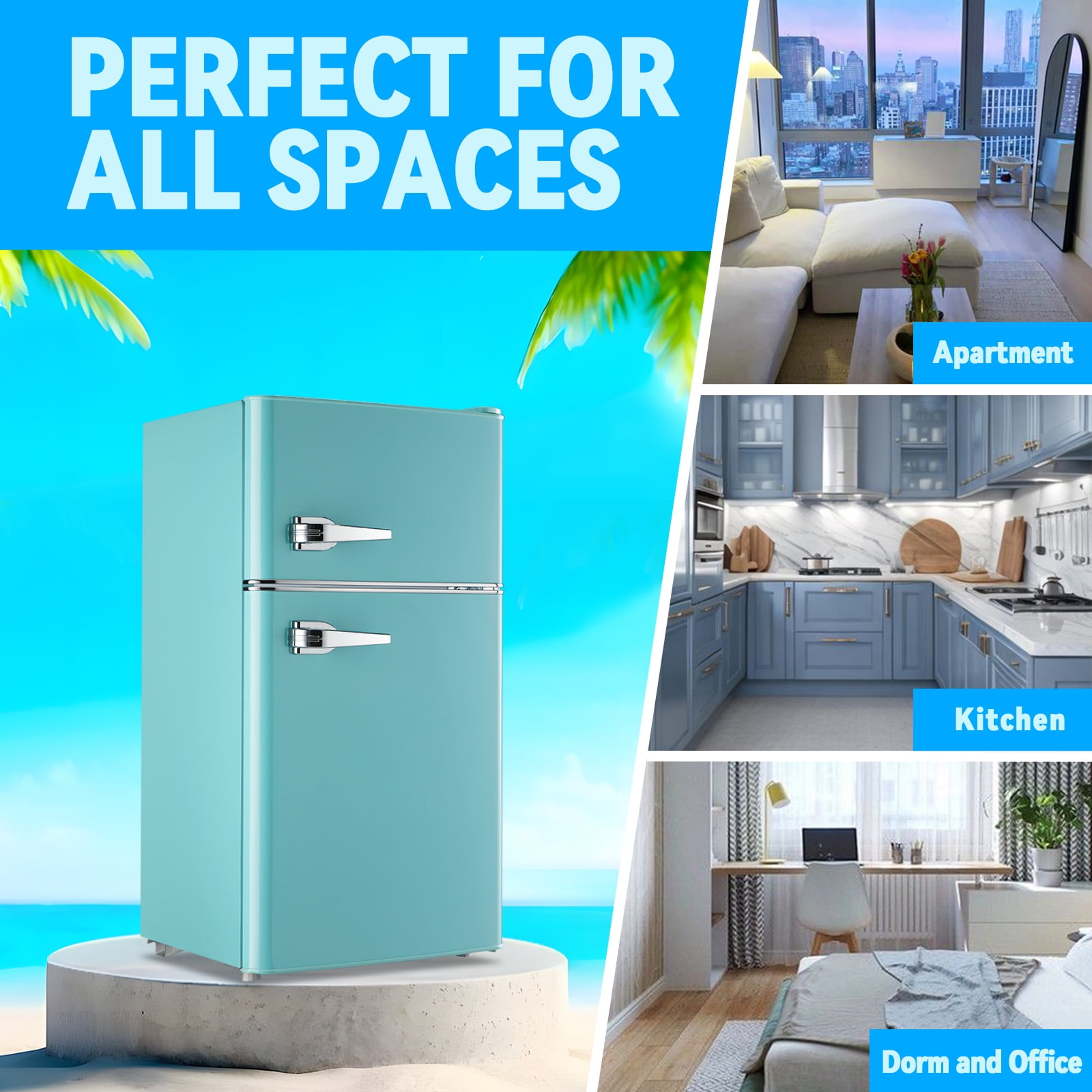 TACOOL Small Refrigerator with Freezer Retro Mini Fridge with Removable Shelves LED Light for Apartment 3.4Cu.Ft Blue