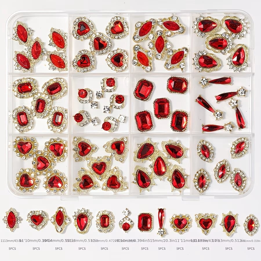 60 Pieces Red and Gold Heart Shape Nail Art Accessories, Luxury Alloy Three-Dimensional Rhinestone Patch, Women's DIY Nail Art Jewelry Accessories