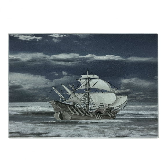 Landscape Cutting Board, Cloudy Sky Caribbean Pirates Ship Oil Print Like Art Image, Decorative Tempered Glass Cutting and Serving Board, Small Size, Blue Grey Pale Grey, by Ambesonne