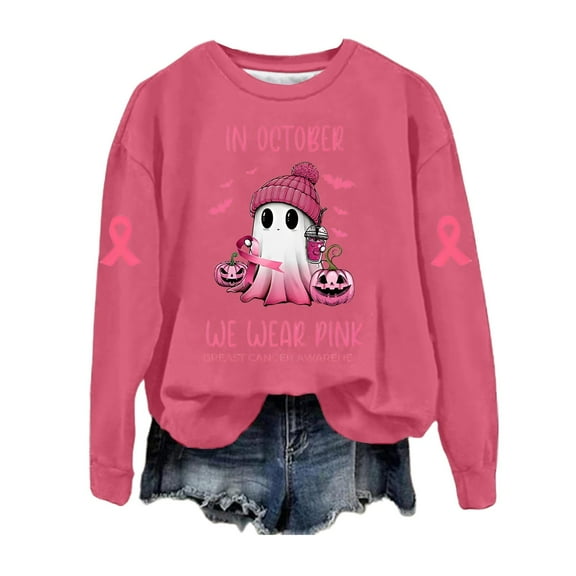 In October We Wear Pink Halloween Ghost Sweatshirts for Women 2025 Cancer Awareness Sweatshirt Pullover Tops