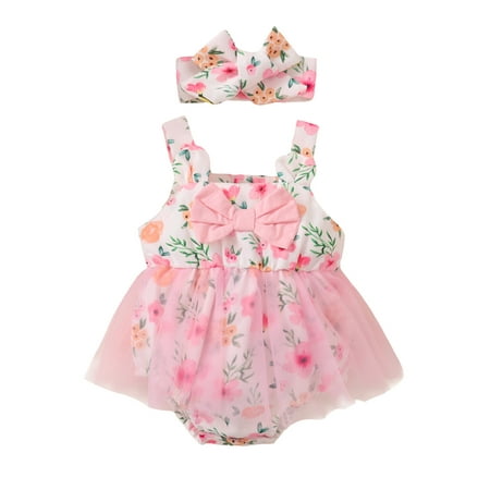 

Binwwede Baby Girls Romper Dress Set Floral Print Summer Casual Sleeveless Mesh Jumpsuits with Headband