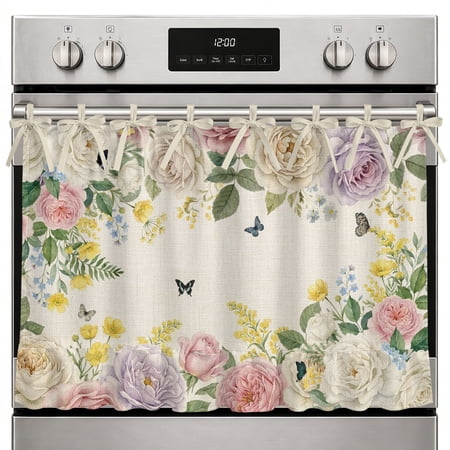 Farmhouse Oven Skirt Curtain Pink White Flowers Oven Curtain Spring Floral Elegant Pastoral Botanical Rustic Stove Skirt Curtains with Ties&Ruffle Trim Dishwasher Skirts Curtains for Cabinet 27 x20