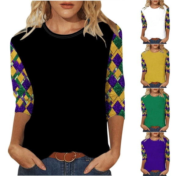 Maplenight Mardi Gras Shirts for Women 3/4 Length Sleeve Tops Funny Graphic Cute Crew Neck Holiday T-Shirts