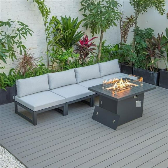 Chelsea Middle Patio Chairs & Fire Pit Table Set, Black Aluminum Frame with Cushions, Light Grey - 5 Piece