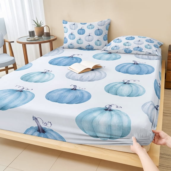 Cal.King Size Fitted Sheet Set - Blue Pumpkin 3 Piece Bedding Sets 16" Deep Pocket Fitted Sheet with 2 Pillowcases, Fall Thanksgiving Harvest Rustic Farmhouse Brushed Microfiber Hotel Bed Sheets