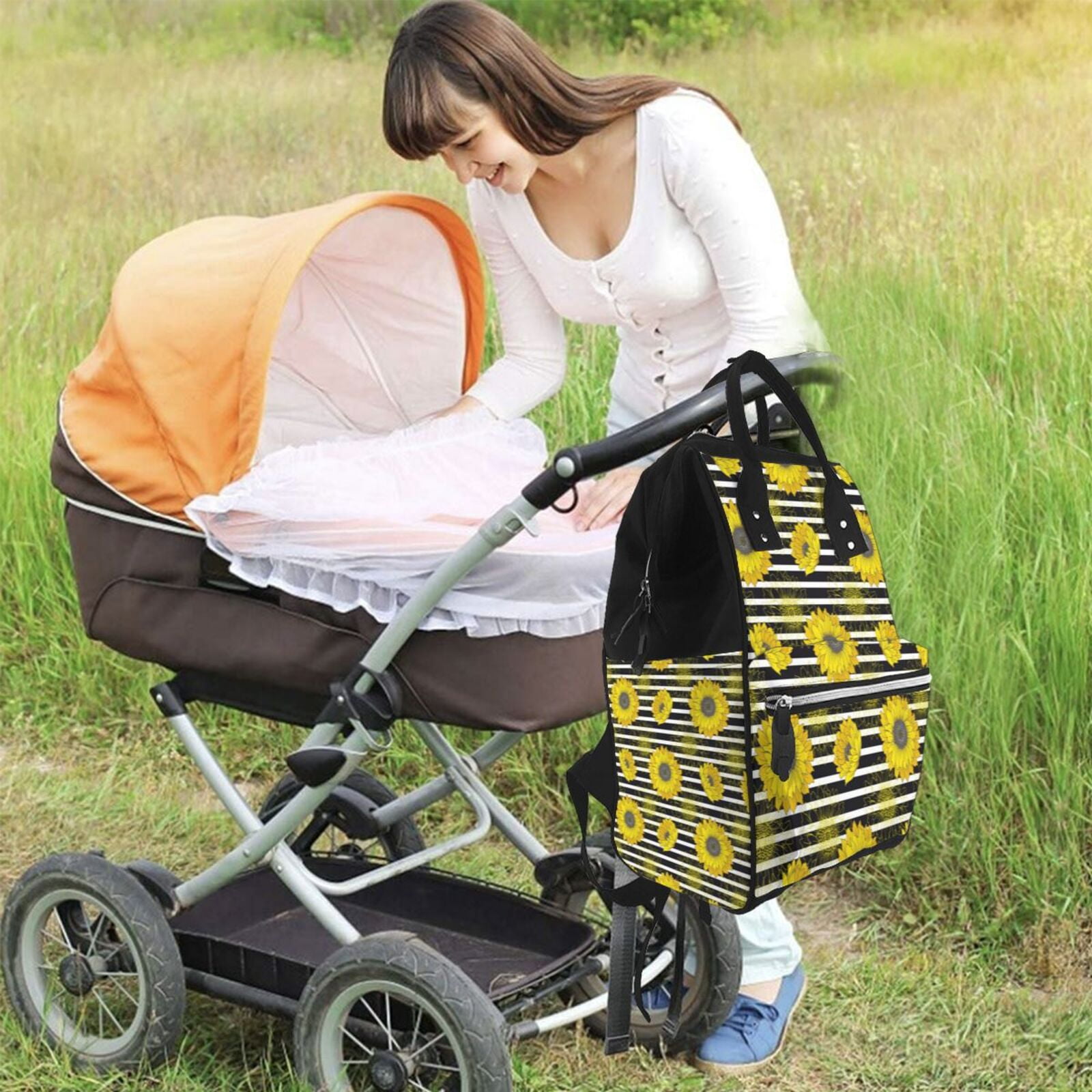 Fuzoiu Sunflowers On Black And White Stripes Print Diaper Bag Backpack,Baby Essentials Travel Tote,Multi function Waterproof Diaper Bag, Travel Essentials Baby Bag - Unisex