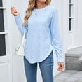 thumbnail image 5 of HomeDM Womens Long Sleeve Shirts Trendy Solid Color Basic Crewneck Tee Fall Tops with Side Split Casual Workout Curved Hem T-Shirts - Light Blue/L, 5 of 8