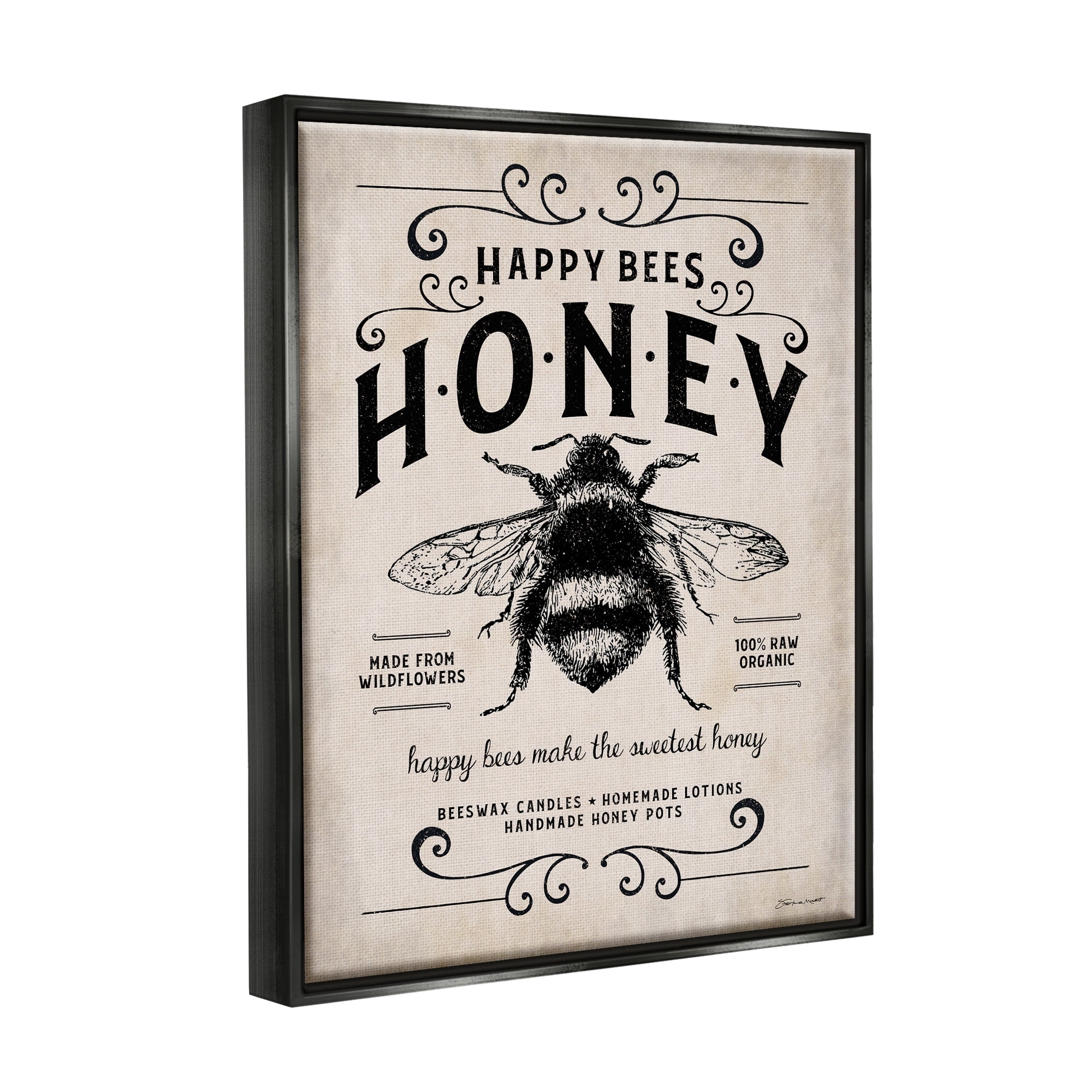Stupell Industries Honey Bee Rustic Farm Textured Word Design Jet Black Framed Floating Canvas Wall Art, 24x30, by Stephanie Workman Marrott