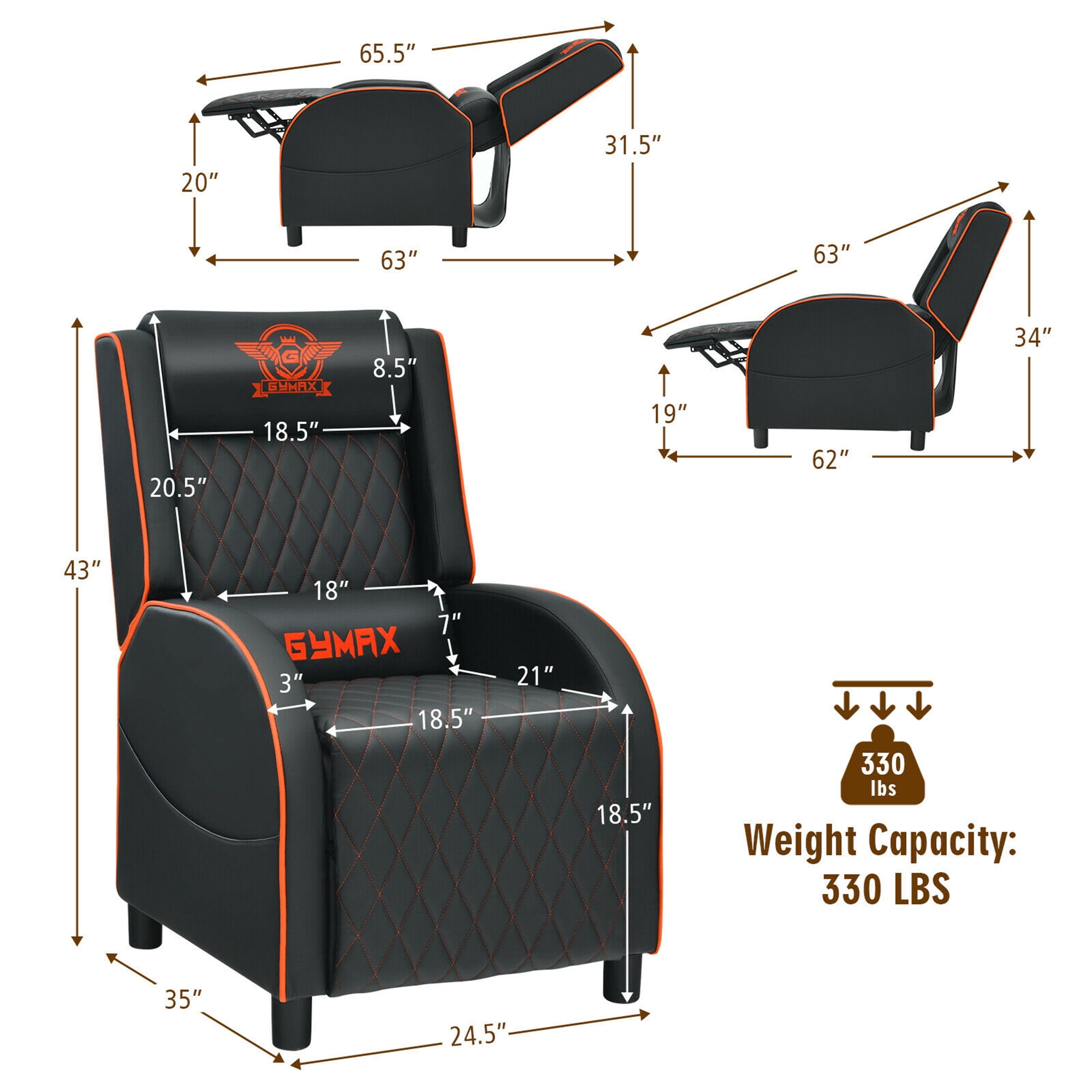 Gymax Massage Gaming Recliner Chair Leather Single Sofa Home Theater Seat Orange