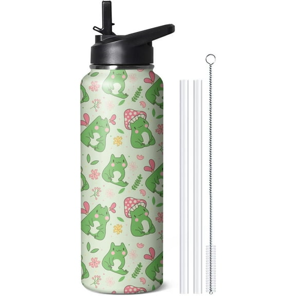 40oz Cute Frog Water Bottle with Handle and Flip Straw, Sports Stainless Steel Insulated Cup, Travel Coffee Mug Tumbler, Birthday Mothers Day Chritmas Gifts for Women Animal Lovers