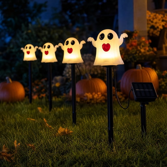 4 Pack Halloween Ghost Solar Lights, Outdoor Waterproof LED Garden Stake Lights, Cute Ghost Pathway Lamp for Lawn Yard Walkway Front Porch, Solar Powered Halloween Party Fall Garden Decorations